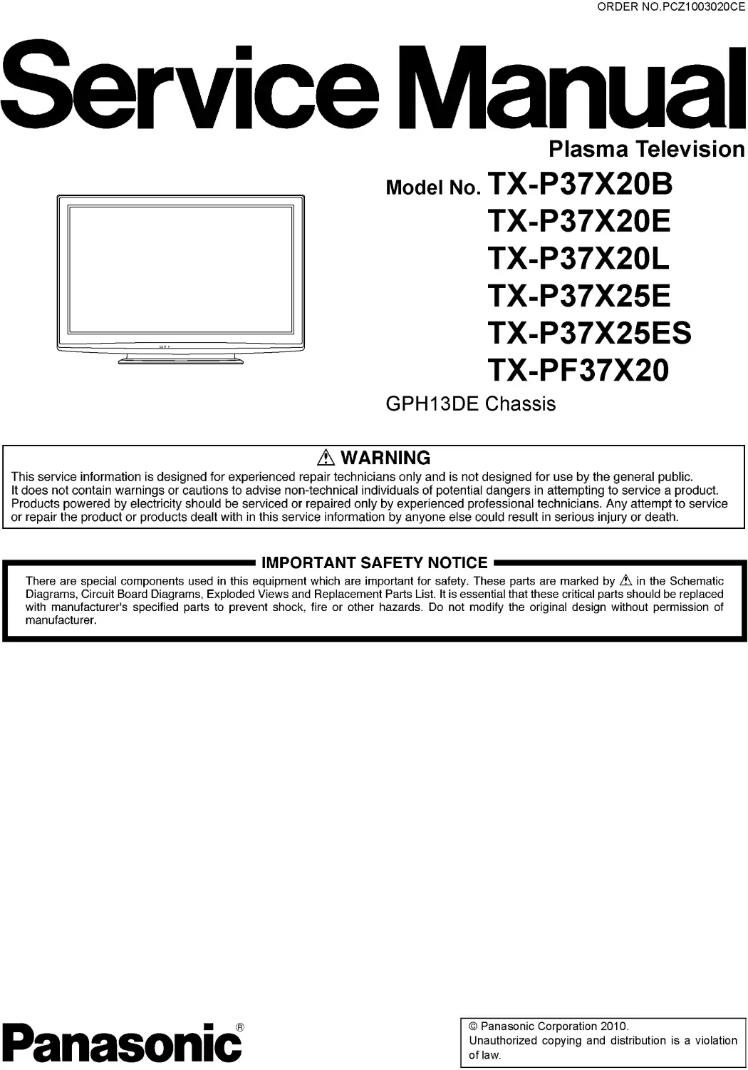 Panasonic tx p37x20b p37x20e p37x20l service manual cover with photo of the television, TV type, chassis code, model code, creation date and document number