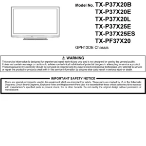Panasonic tx p37x25e p37x25es pf37x20 service manual cover with photo of the television, TV type, chassis code, model code, creation date and document number