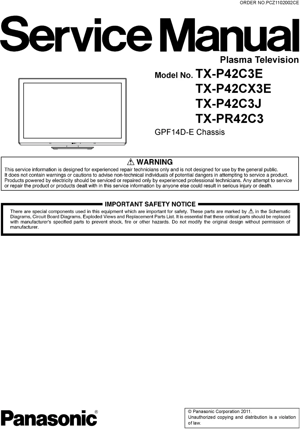 Panasonic tx p42c3e service manual cover with photo of the television, TV type, chassis code, model code, creation date and document number