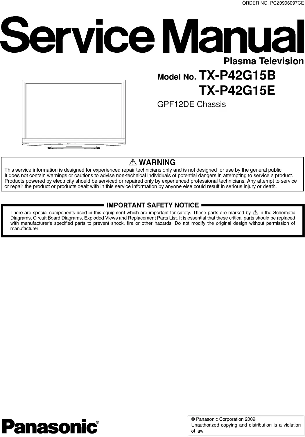 Panasonic tx p42g15b tx p42g15e service manual cover with photo of the television, TV type, chassis code, model code, creation date and document number