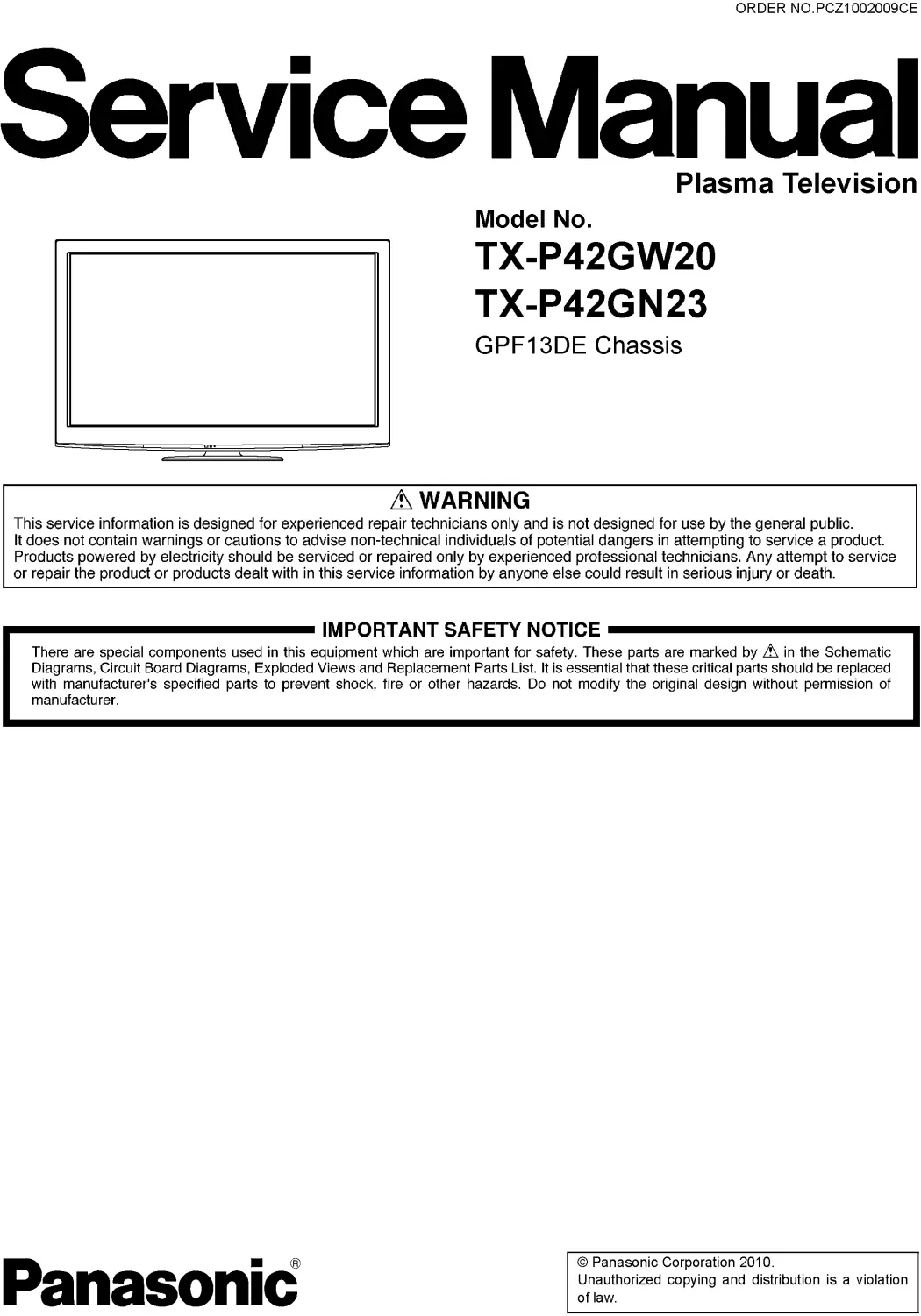 Panasonic tx p42gn23 service manual cover with photo of the television, TV type, chassis code, model code, creation date and document number
