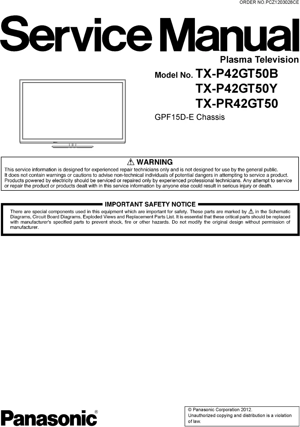 Panasonic tx p42gt50b service manual cover with photo of the television, TV type, chassis code, model code, creation date and document number