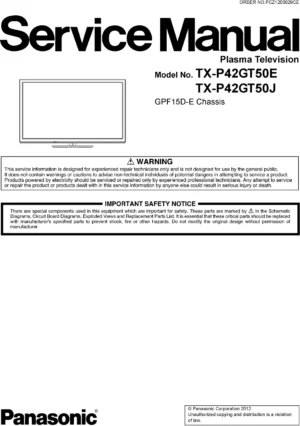 Panasonic tx p42gt50e p42gt50j service manual cover with photo of the television, TV type, chassis code, model code, creation date and document number
