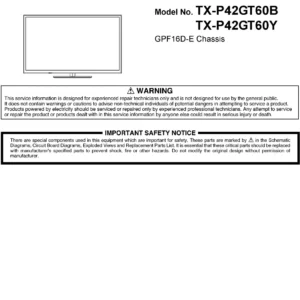 Panasonic tx p42gt60b p42gt60y service manual cover with photo of the television, TV type, chassis code, model code, creation date and document number