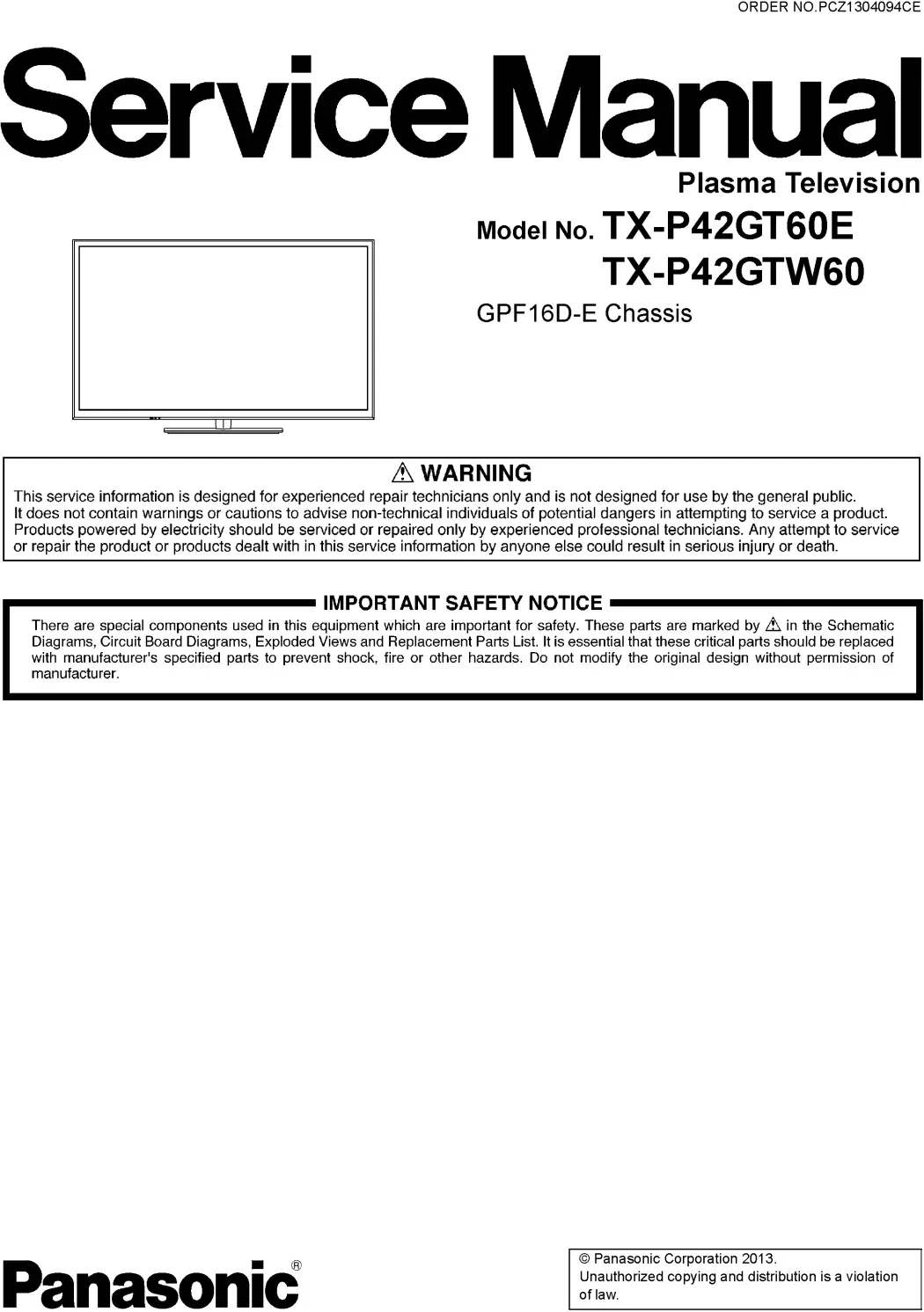 Panasonic tx p42gt60e p42gtw60 service manual cover with photo of the television, TV type, chassis code, model code, creation date and document number
