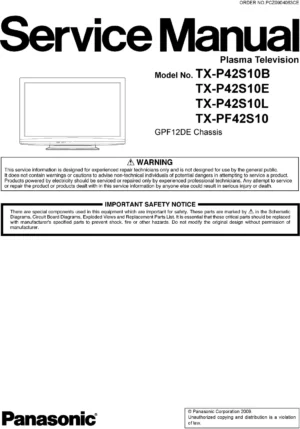 Panasonic tx p42s10 pf42s10 service manual cover with photo of the television, TV type, chassis code, model code, creation date and document number