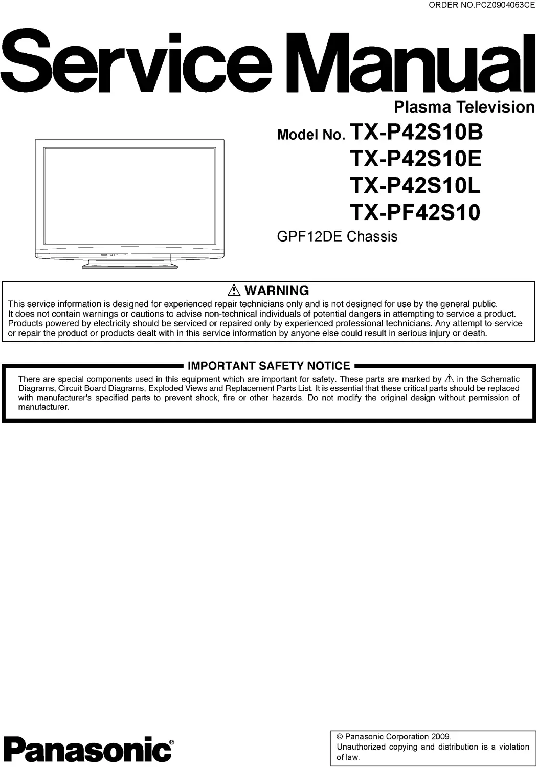 Panasonic tx p42s10 pf42s10 service manual cover with photo of the television, TV type, chassis code, model code, creation date and document number