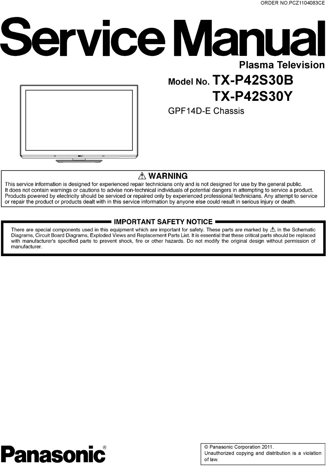 Panasonic tx p42s30y p42s30b service manual cover with photo of the television, TV type, chassis code, model code, creation date and document number
