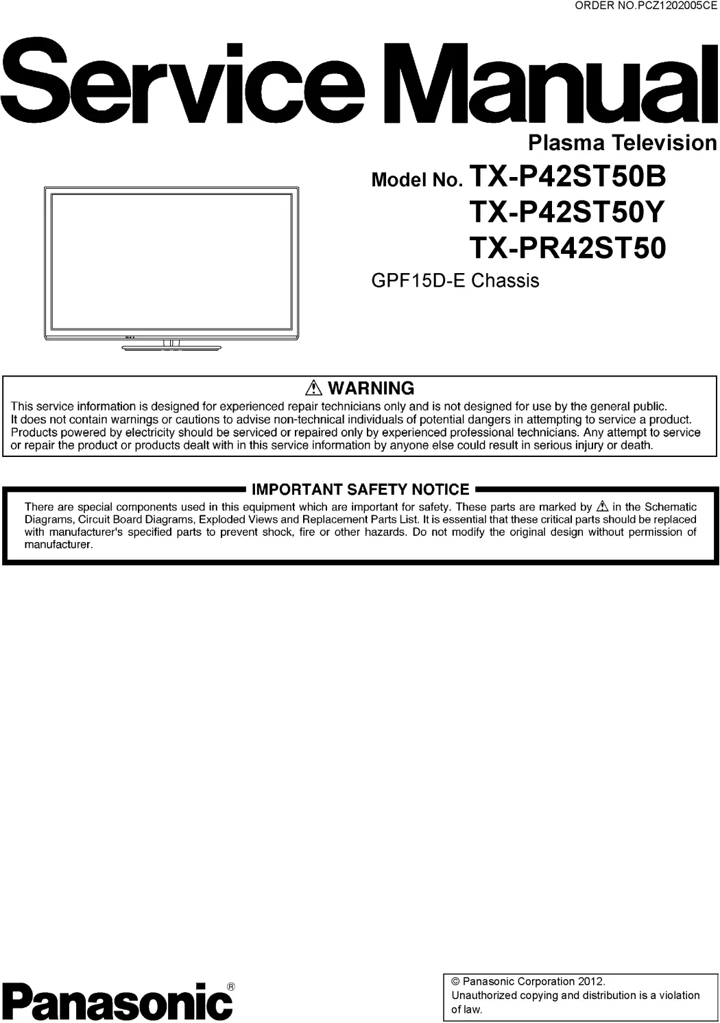 Panasonic tx p42st50b service manual cover with photo of the television, TV type, chassis code, model code, creation date and document number
