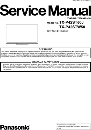 Panasonic tx p42st50j service manual cover with photo of the television, TV type, chassis code, model code, creation date and document number