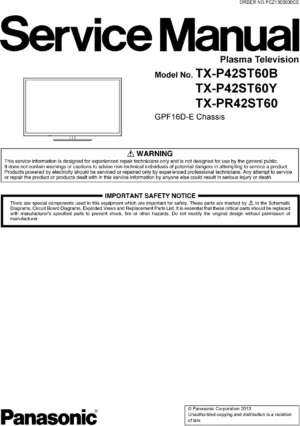 Panasonic tx p42st60b p42st60y pr42st60 service manual cover with photo of the television, TV type, chassis code, model code, creation date and document number