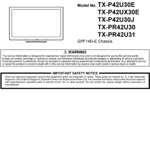 Panasonic tx p42u30e p42u30j p42ux30e service manual cover with photo of the television, TV type, chassis code, model code, creation date and document number