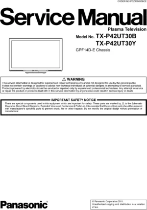 Panasonic tx p42ut30b p42ut30y service manual cover with photo of the television, TV type, chassis code, model code, creation date and document number