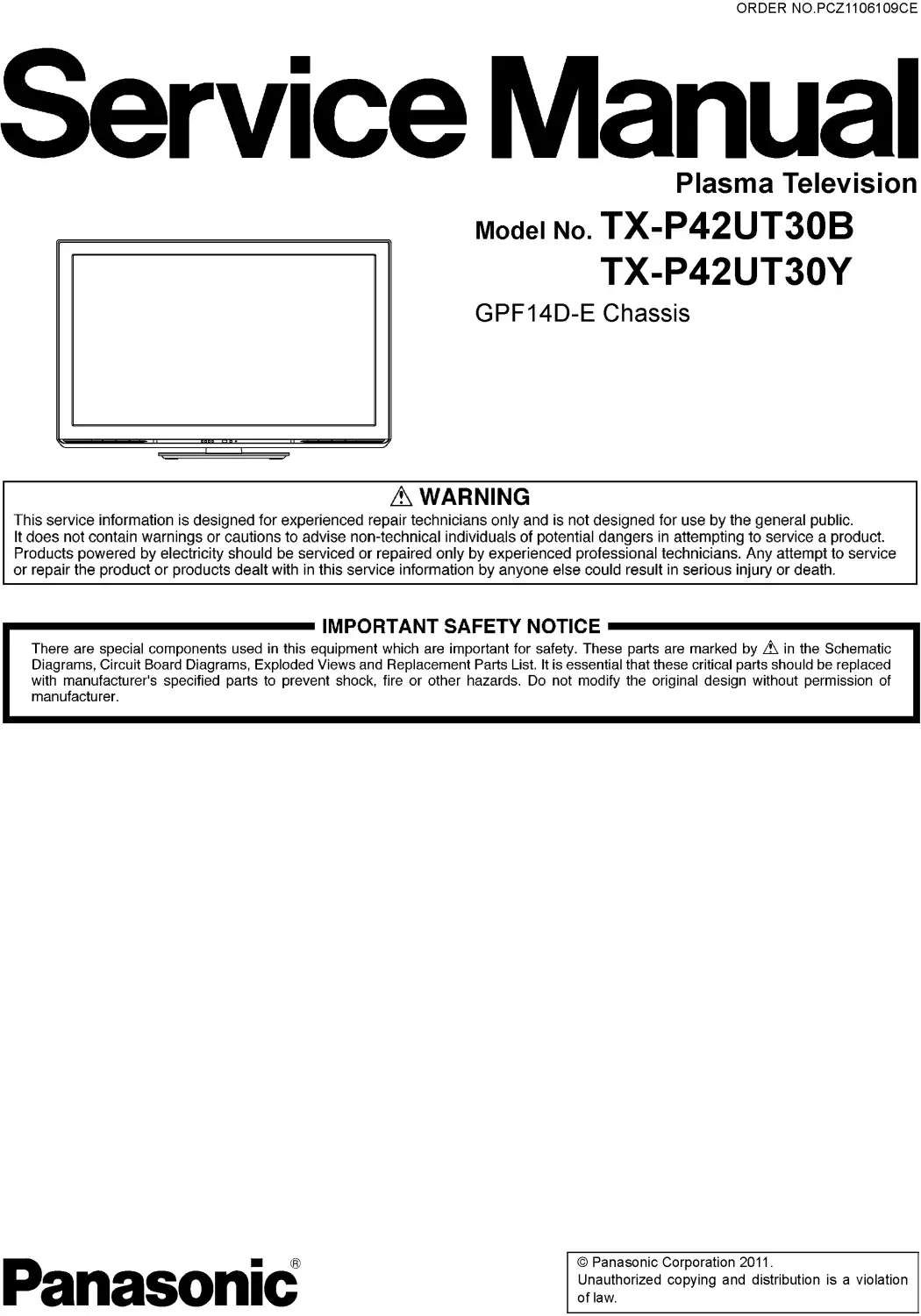 Panasonic tx p42ut30b p42ut30y service manual cover with photo of the television, TV type, chassis code, model code, creation date and document number