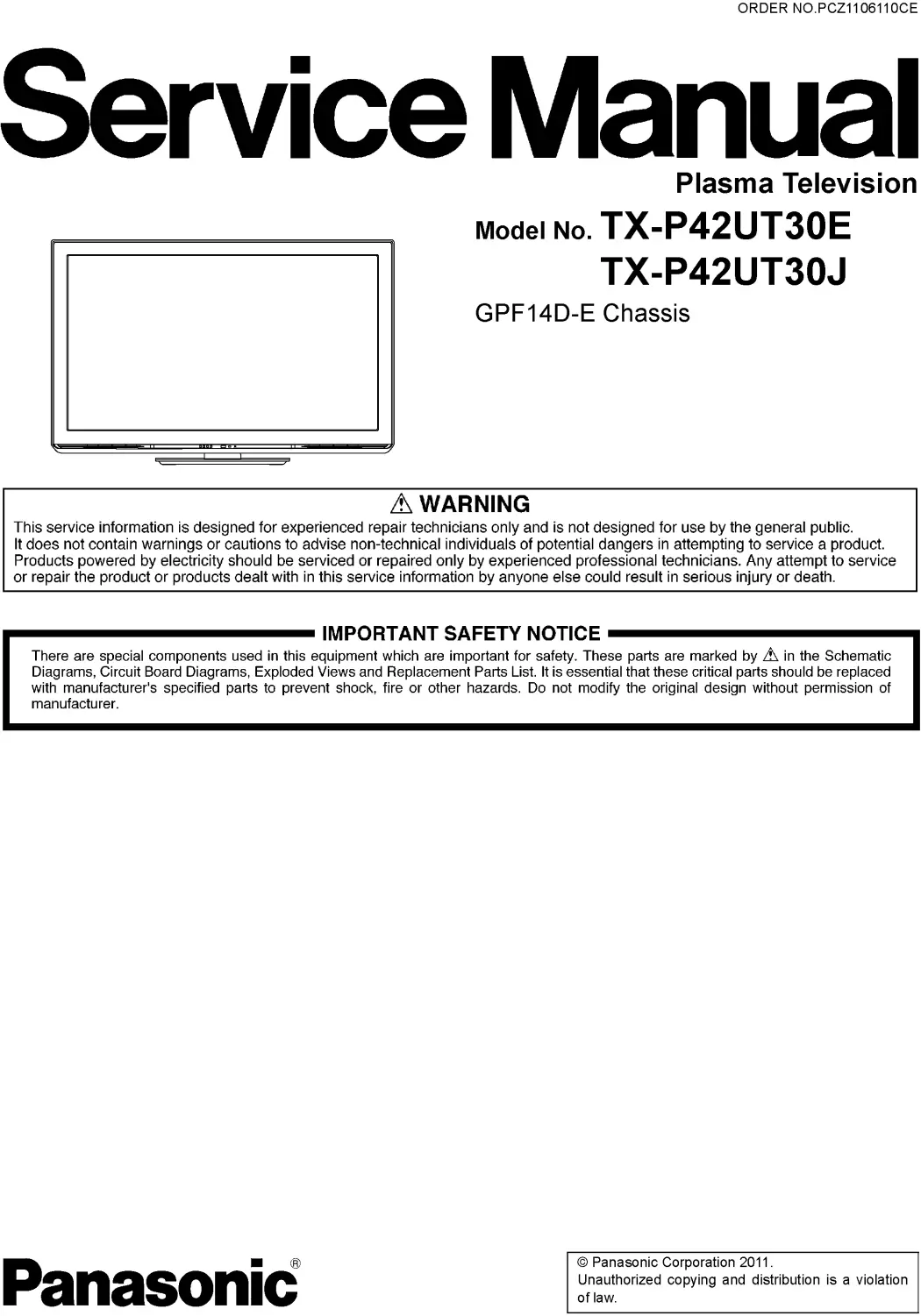 Panasonic tx p42ut30e p42ut30j service manual cover with photo of the television, TV type, chassis code, model code, creation date and document number