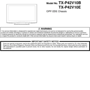 Panasonic tx p42v10e p42v10b service manual cover with photo of the television, TV type, chassis code, model code, creation date and document number
