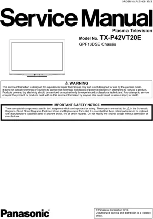 Panasonic tx p42vt20e service manual cover with photo of the television, TV type, chassis code, model code, creation date and document number