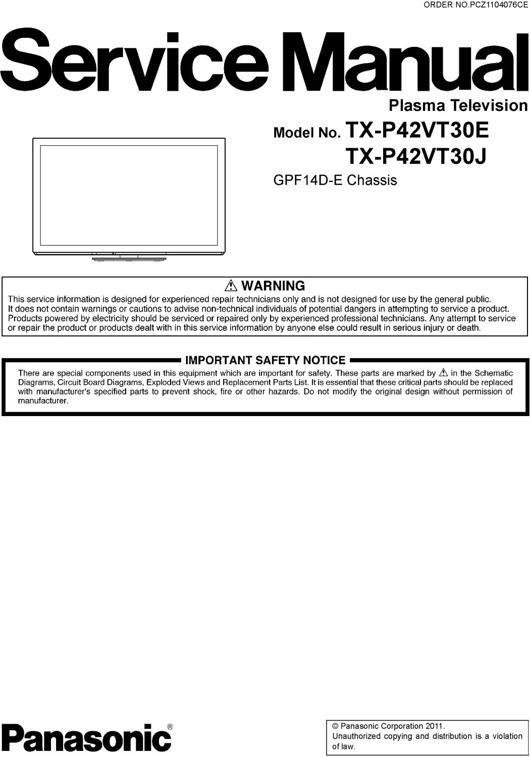 Panasonic tx p42vt30j service manual cover with photo of the television, TV type, chassis code, model code, creation date and document number