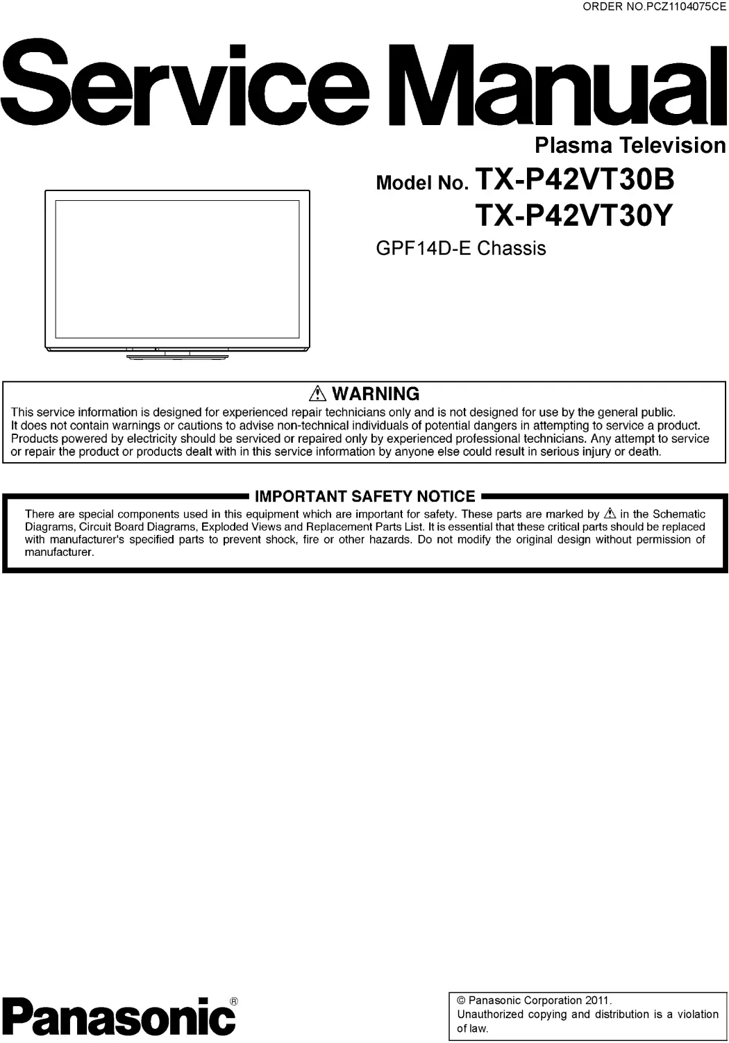 Panasonic tx p42vt30y service manual cover with photo of the television, TV type, chassis code, model code, creation date and document number