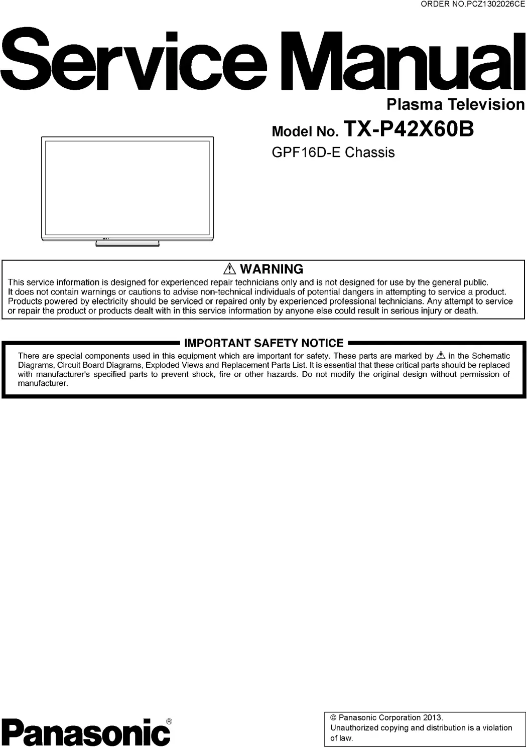 Panasonic tx p42x60b service manual cover with photo of the television, TV type, chassis code, model code, creation date and document number