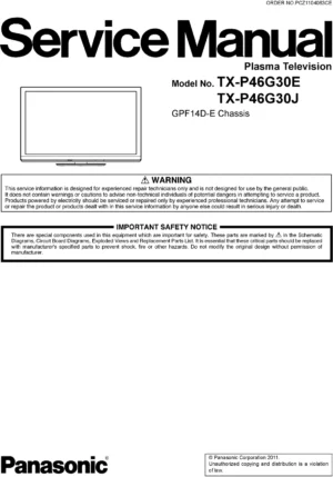 Panasonic tx p46g30e p46g30j service manual cover with photo of the television, TV type, chassis code, model code, creation date and document number