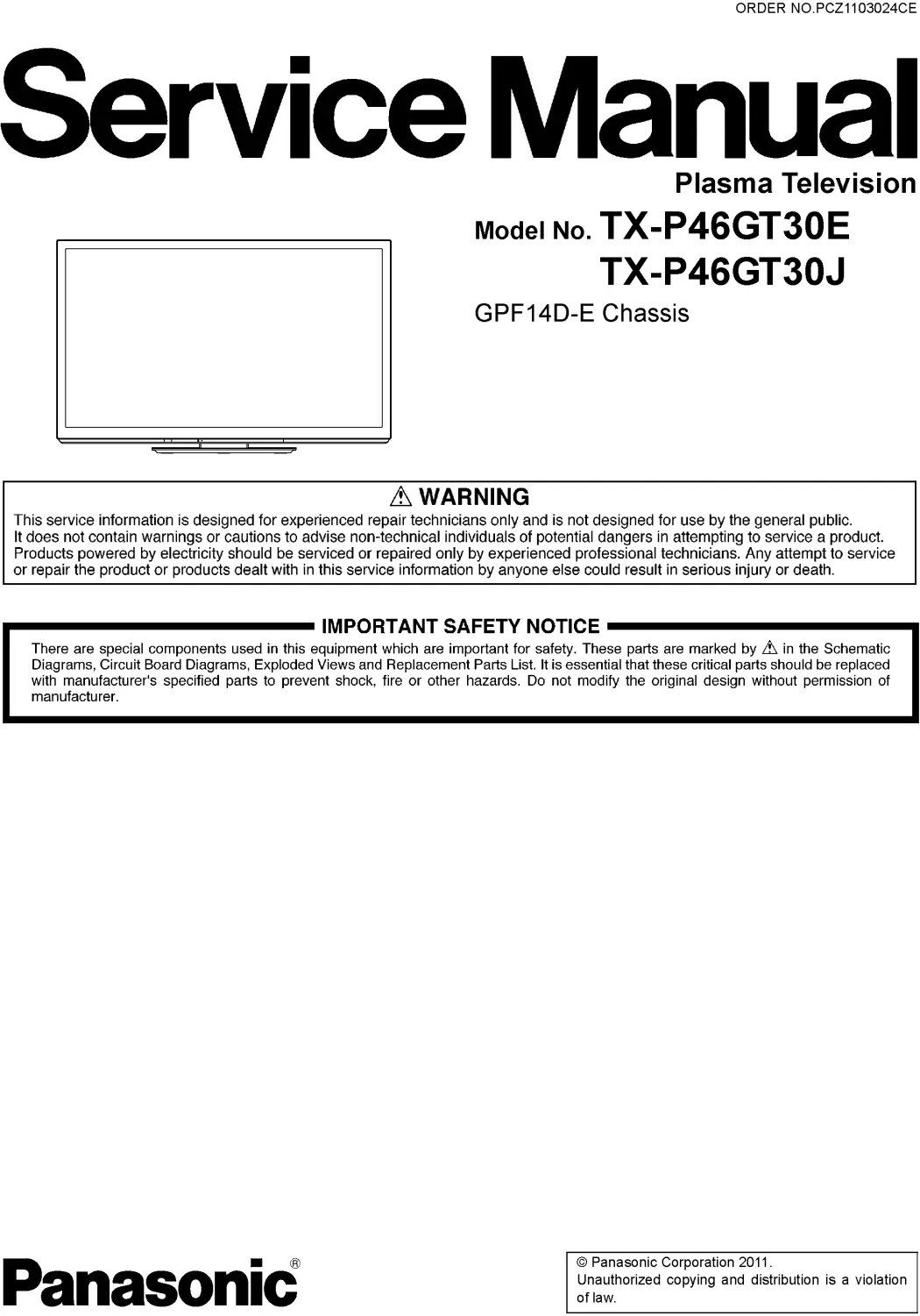 Panasonic tx p46gt30e service manual cover with photo of the television, TV type, chassis code, model code, creation date and document number