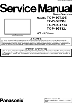 Panasonic tx p46gtf32j service manual cover with photo of the television, TV type, chassis code, model code, creation date and document number