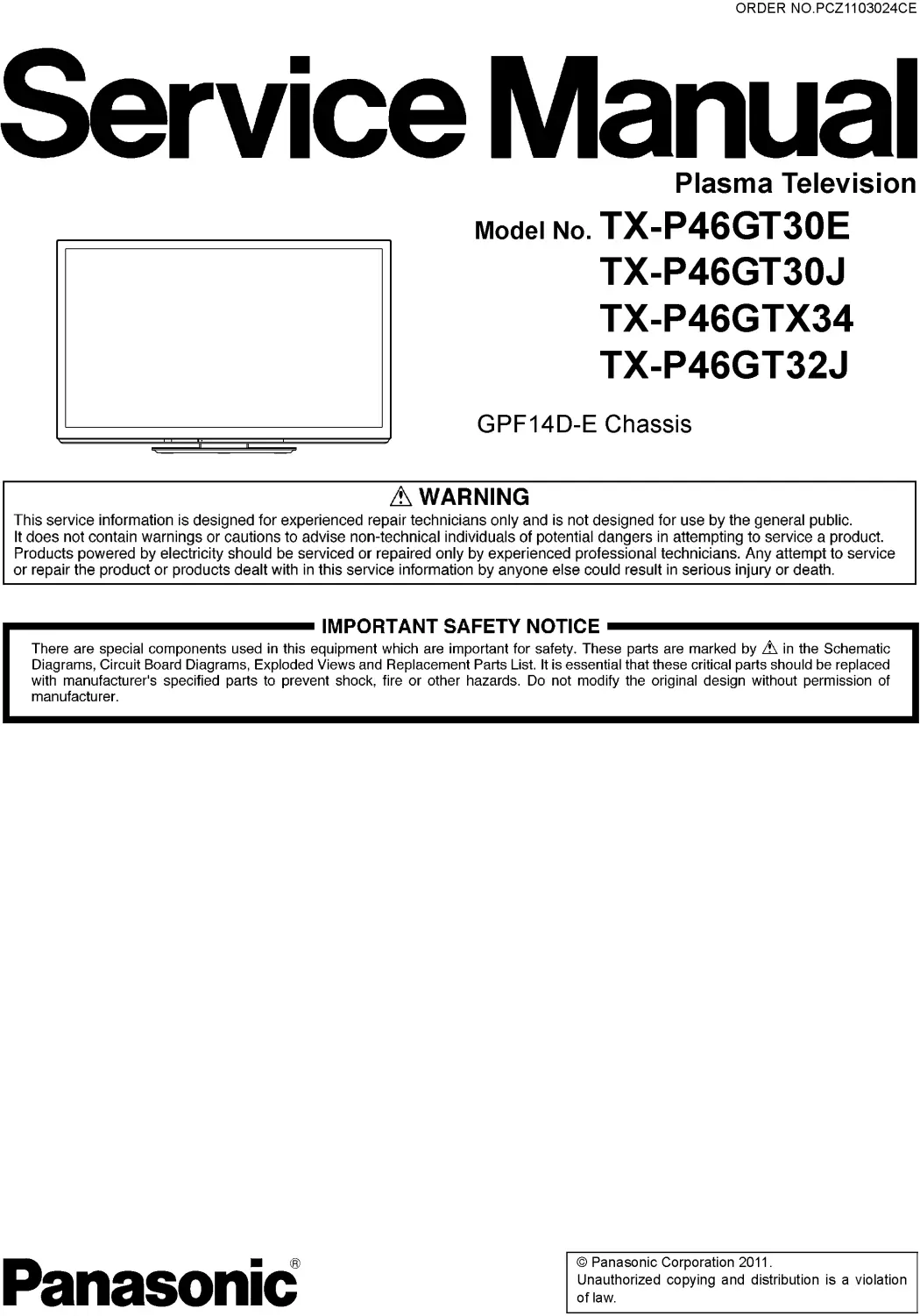 Panasonic tx p46gtf32j service manual cover with photo of the television, TV type, chassis code, model code, creation date and document number