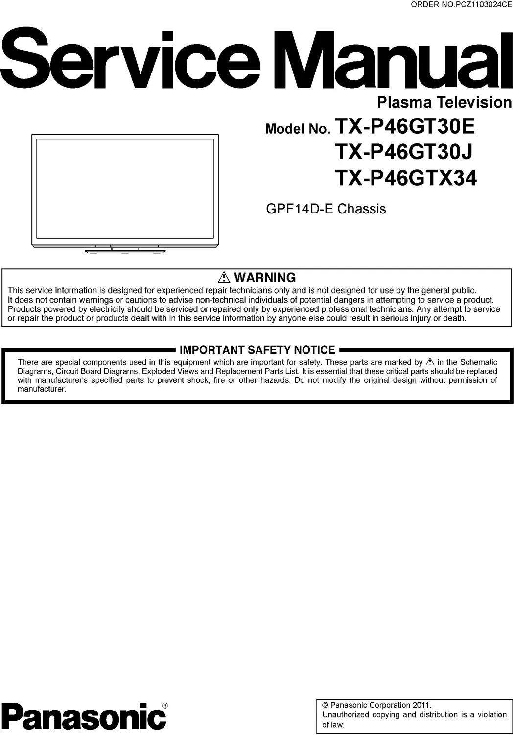 Panasonic tx p46gtx34 service manual cover with photo of the television, TV type, chassis code, model code, creation date and document number