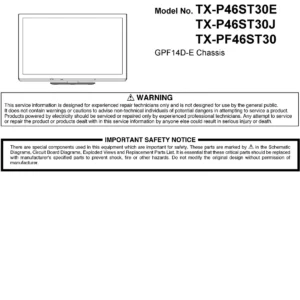 Panasonic tx p46st30e p46st30j service manual cover with photo of the television, TV type, chassis code, model code, creation date and document number