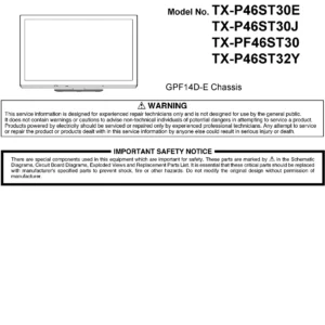 Panasonic tx p46st32y service manual cover with photo of the television, TV type, chassis code, model code, creation date and document number
