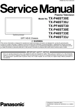 Panasonic tx p46st33e p46st33j service manual cover with photo of the television, TV type, chassis code, model code, creation date and document number