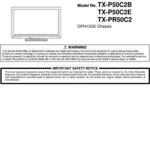 Panasonic tx p50c2b pr50c2 p50c2e service manual cover with photo of the television, TV type, chassis code, model code, creation date and document number