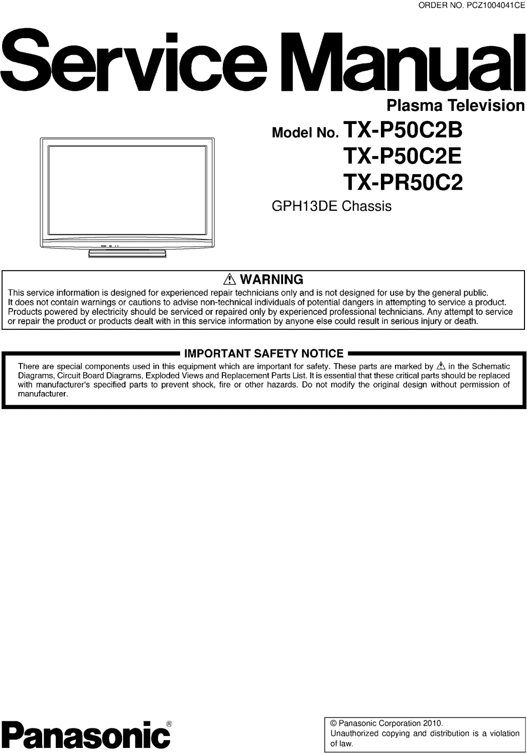 Panasonic tx p50c2b pr50c2 p50c2e service manual cover with photo of the television, TV type, chassis code, model code, creation date and document number