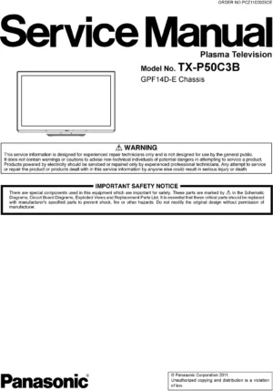 Panasonic tx p50c3b service manual cover with photo of the television, TV type, chassis code, model code, creation date and document number