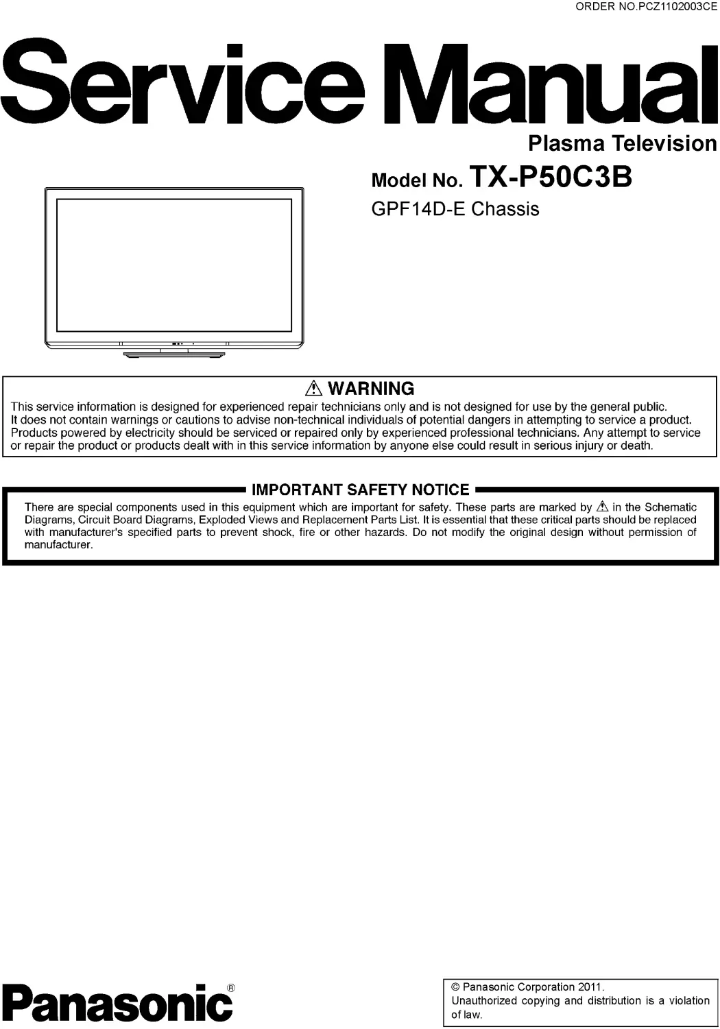 Panasonic tx p50c3b service manual cover with photo of the television, TV type, chassis code, model code, creation date and document number