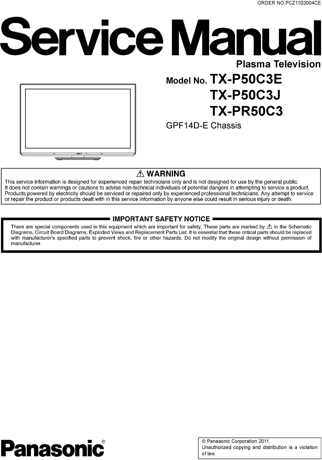 Panasonic tx p50c3e service manual cover with photo of the television, TV type, chassis code, model code, creation date and document number