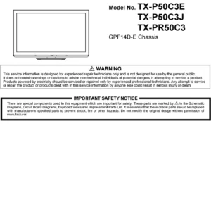Panasonic tx p50c3j service manual cover with photo of the television, TV type, chassis code, model code, creation date and document number