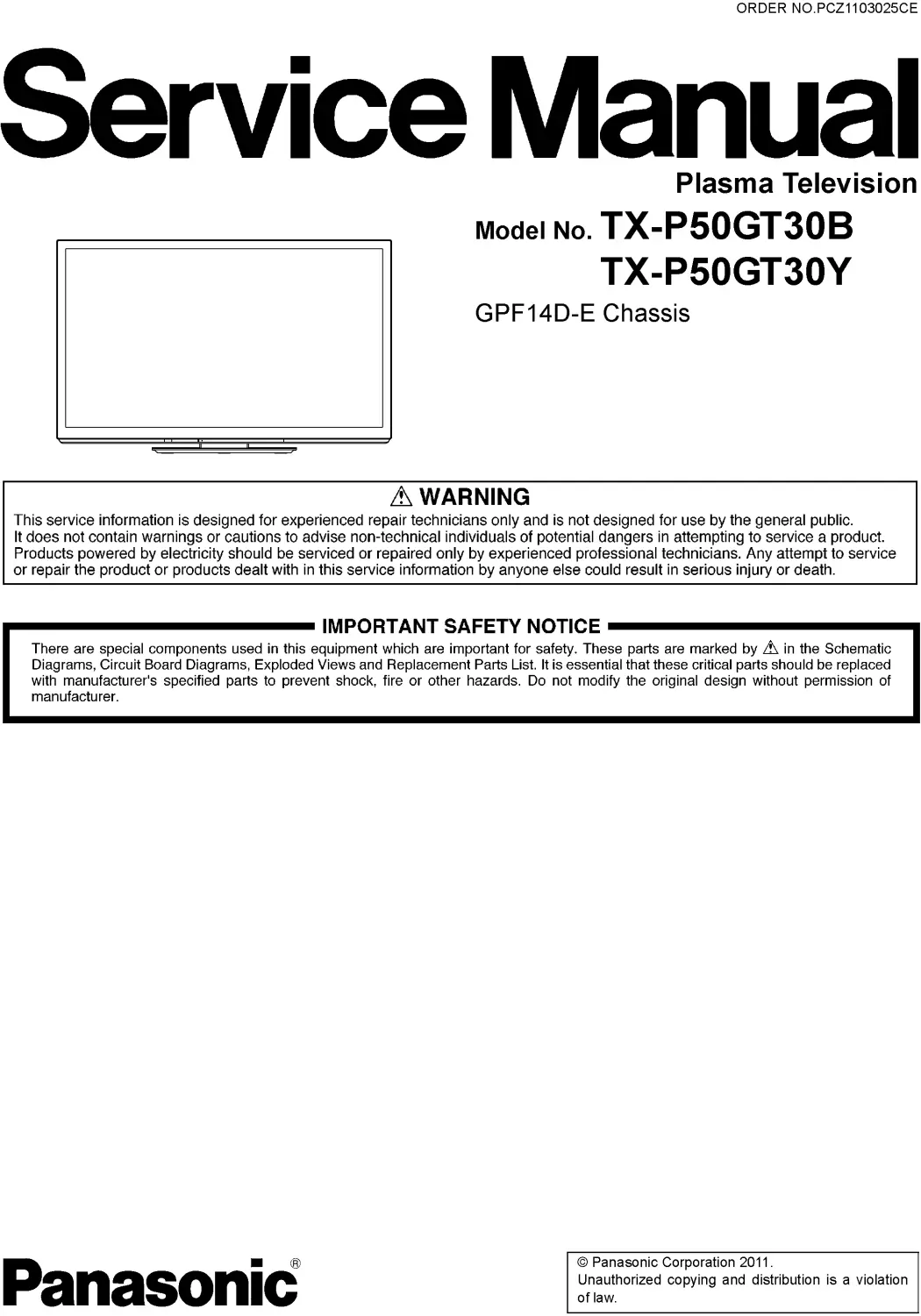 Panasonic tx p50gt30b service manual cover with photo of the television, TV type, chassis code, model code, creation date and document number
