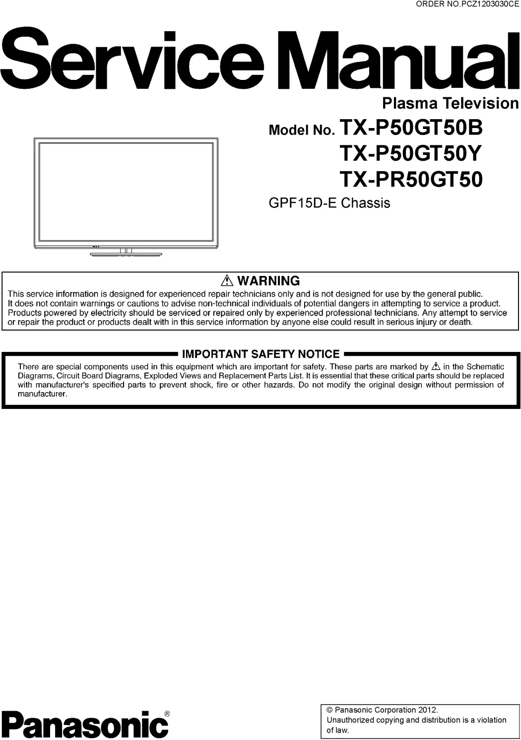 Panasonic tx p50gt50b service manual cover with photo of the television, TV type, chassis code, model code, creation date and document number