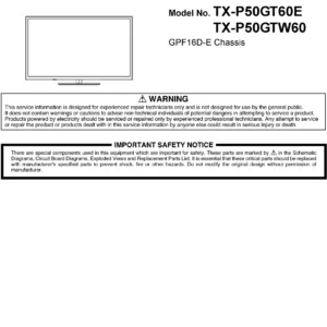 Panasonic tx p50gt60e p50gtw60 service manual cover with photo of the television, TV type, chassis code, model code, creation date and document number