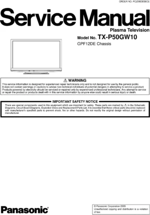 Panasonic tx p50gw10 service manual cover with photo of the television, TV type, chassis code, model code, creation date and document number