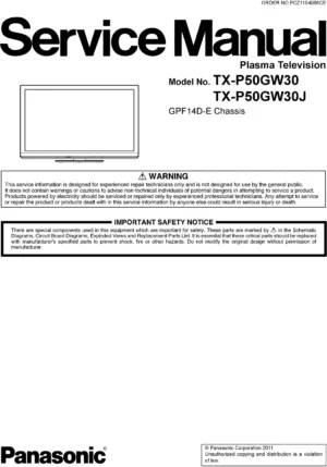 Panasonic tx p50gw30 p50gw30j service manual cover with photo of the television, TV type, chassis code, model code, creation date and document number