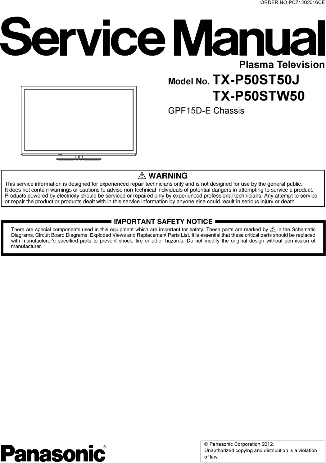 Panasonic tx p50st50j service manual cover with photo of the television, TV type, chassis code, model code, creation date and document number