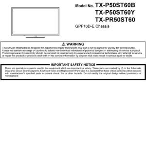 Panasonic tx p50st60b p50st60y pr50st60 service manual cover with photo of the television, TV type, chassis code, model code, creation date and document number