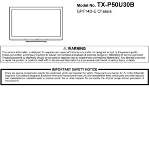 Panasonic tx p50u30b service manual cover with photo of the television, TV type, chassis code, model code, creation date and document number