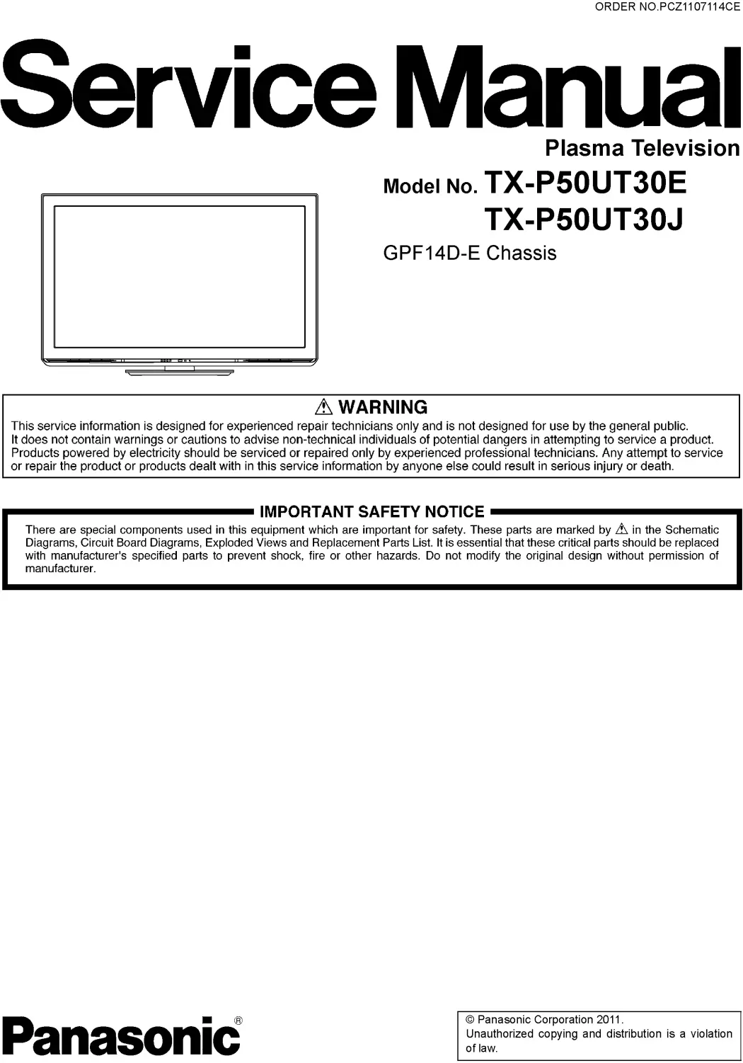 Panasonic tx p50ut30 service manual cover with photo of the television, TV type, chassis code, model code, creation date and document number