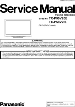 Panasonic tx p50v20l service manual cover with photo of the television, TV type, chassis code, model code, creation date and document number