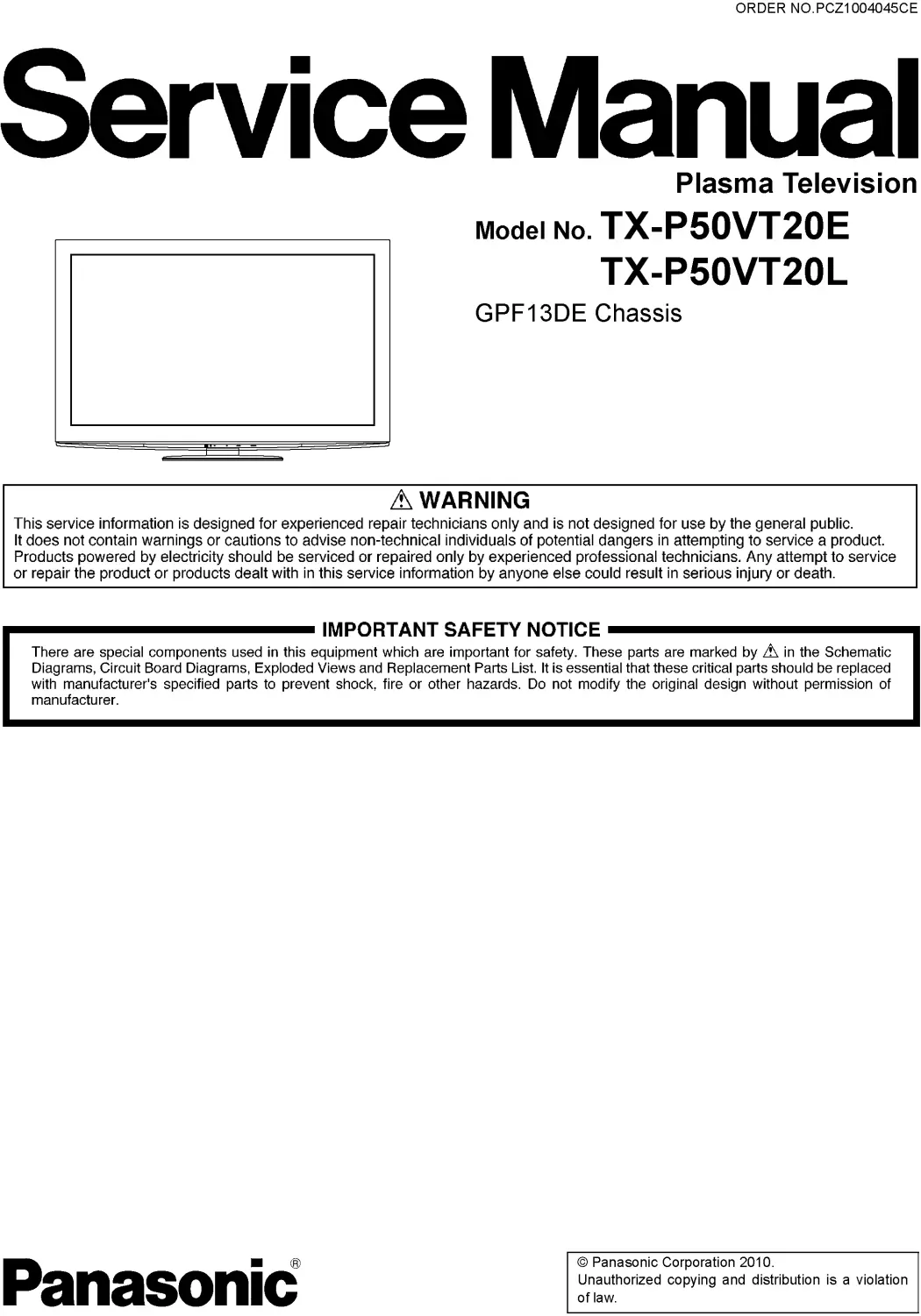 Panasonic tx p50vt20e p50vt20l service manual cover with photo of the television, TV type, chassis code, model code, creation date and document number