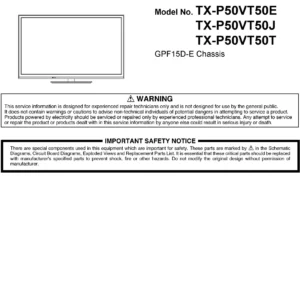 Panasonic tx p50vt50t service manual cover with photo of the television, TV type, chassis code, model code, creation date and document number